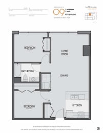 Floor Plan  a floor plan of a studio apartment with a bedroom and a living room