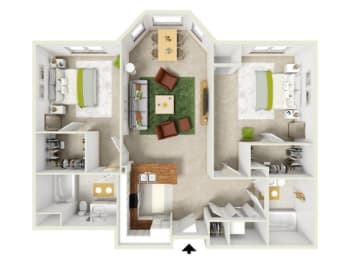 a 2 bedroom floor plan with a bathroom and a living room