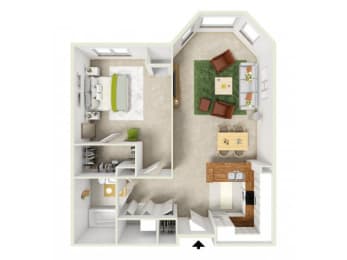 a stylized floor plan with a bedroom and living room