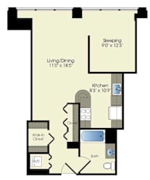a floor plan of a room with a bedroom and a bathroom