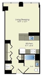 floor plan of a small apartment with a bedroom and a bathroom