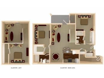 a stylized floor plan with a bedroom and a living room