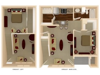 a stylized drawing of a bedroom and a living room