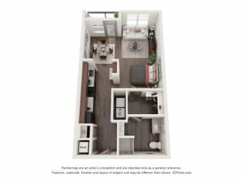 Floor Plan  a stylized floor plan of a 1 bedroom apartment with a bathroom and a living