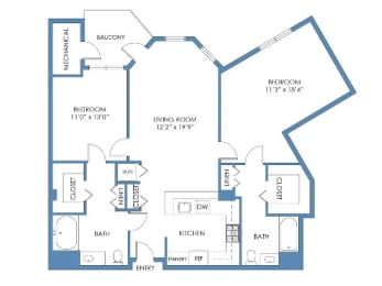 a floor plan of a bedroom apartment with an open floor plan