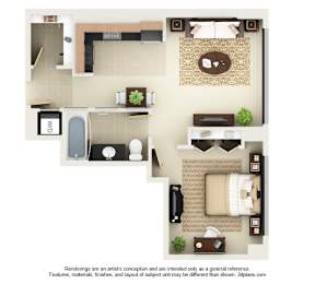 A 3D floor plan of a small apartment with a kitchen, living room, and bedroom.