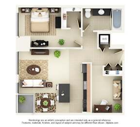 A floor plan of a small apartment with a kitchen, living room, and bathroom.