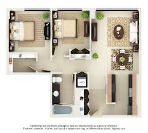 A 3D floor plan of a house with a kitchen, living room, and bathroom.