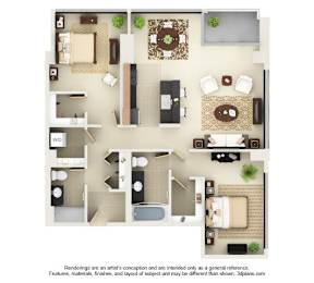 A 3D floor plan of a house with a kitchen, living room, dining room, and bedrooms.