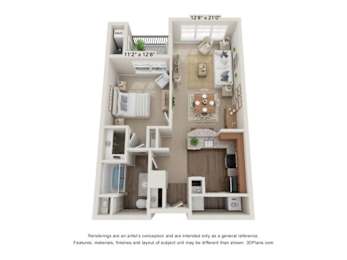 A 3D floor plan of a small apartment with a kitchen, living room, and bathroom.