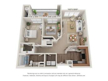 A 3D floor plan of a two-bedroom apartment with a living room, kitchen, and bathroom.