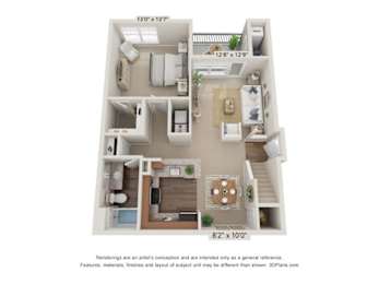 A 3D floor plan of a small apartment with a kitchen, living room, and bathroom.