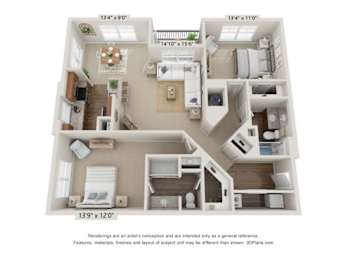 A 3D floor plan of a house with a kitchen, living room, and two bedrooms.