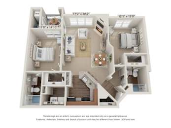 A 3D floor plan of a house with a kitchen, living room, and two bedrooms.