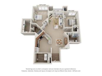 A 3D floor plan of a house with a kitchen, living room, and two bedrooms.
