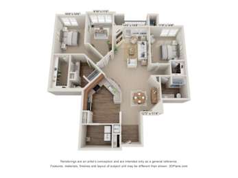 A 3D floor plan of a house with a kitchen, living room, and two bedrooms.