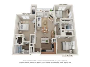 A 3D floor plan of a house with a living room, kitchen, and two bedrooms.
