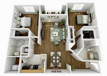 A 3D floor plan of a two-bedroom apartment with a living room, kitchen, and bathroom.