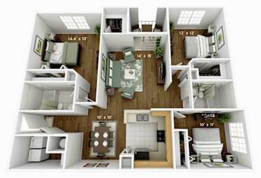 A 3D floor plan of a small apartment with dimensions and furniture layout.