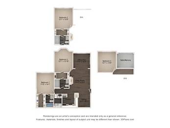 A floor plan of a house with three bedrooms and a living room.