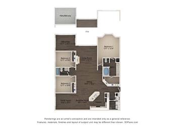 A floor plan of a house with a garage, office, and three bedrooms.