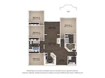 A floor plan of a home with five bedrooms and a den.