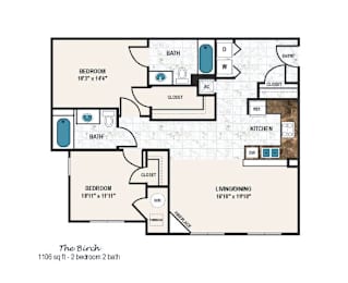 A floor plan of a two bedroom, two bathroom apartment.