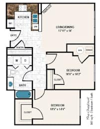 A floor plan of a home with a living room, two bedrooms, a pantry, a kitchen, and a bath.