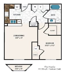 A floor plan of a one bedroom apartment with a living/dining area of 12'6
