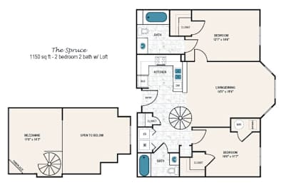 A floor plan of a 1150 sq ft 2 bedroom 2 bath loft apartment.