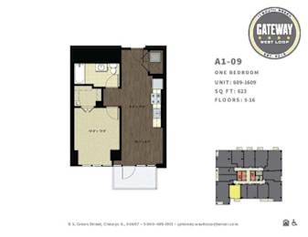 A one bedroom apartment with a floor plan and a map of the building.