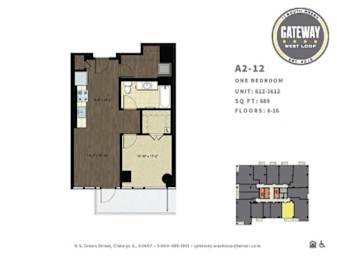 A floor plan for a one bedroom apartment at Gateway West Loop.