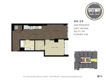 A floor plan for a one bedroom apartment at Gateway West Loop.