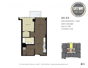 A floor plan for a one bedroom apartment with a den is shown.