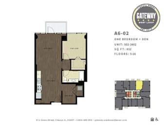 A drawing of a floor plan for a one bedroom apartment with a den.