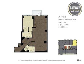 A drawing of a floor plan for a one bedroom apartment with a den.