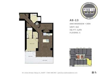 A floor plan for a one bedroom apartment with a den is shown.