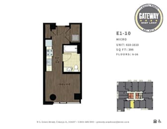A floor plan for a micro unit at Gateway West Loop.