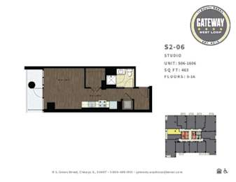 A floor plan for a studio apartment at Gateway West Loop.