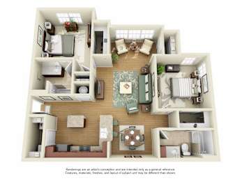 A 3D floor plan of a house with a kitchen, living room, and bedrooms.