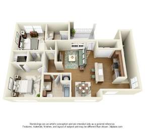 A 3D floor plan of a house with a kitchen, living room, and dining area.