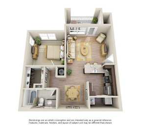 A 3D floor plan of a house with a kitchen, living room, and two bedrooms.
