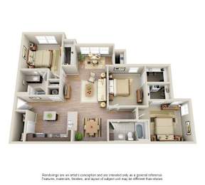 A 3D rendering of a house layout with various rooms and furniture.