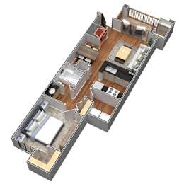 A 3D floor plan of a house with a kitchen, living room, and bathroom.