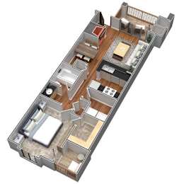 A 3D floor plan of a house with a kitchen, living room, and two bedrooms.