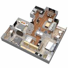 A 3D floor plan of a multi-level home with various rooms and furniture.
