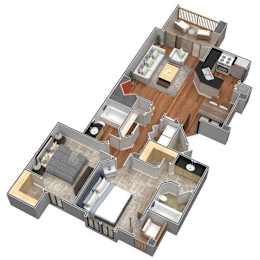 A 3D floor plan of a house with multiple rooms.