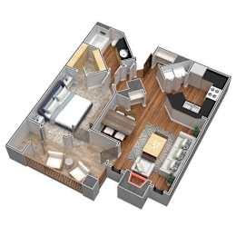 A 3D floor plan of a house with multiple rooms and furniture.