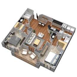 A 3D floor plan of a house with multiple rooms and furniture.