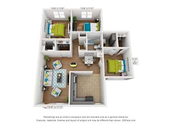 A 3D floor plan of a two-bedroom apartment.